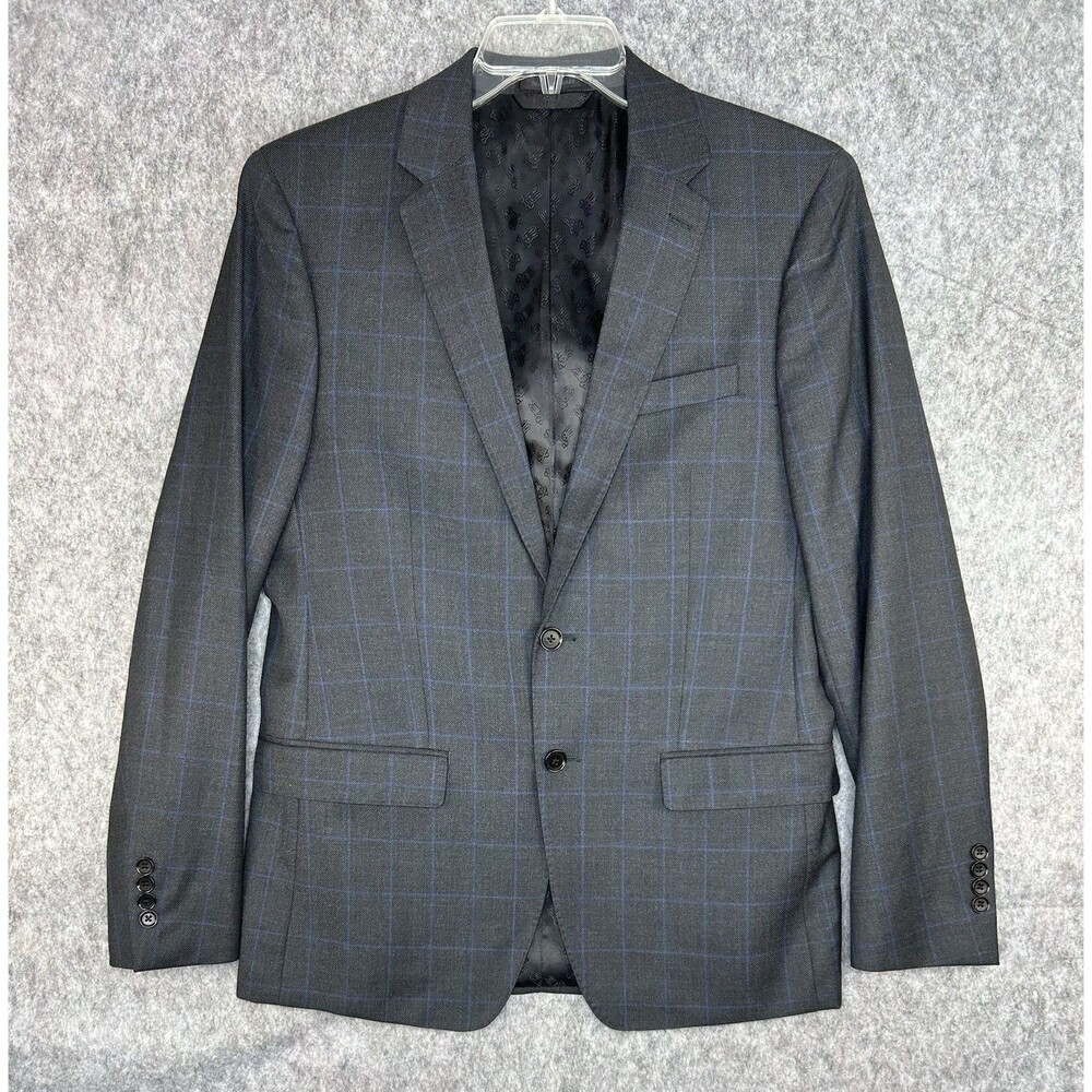 Psycho Bunny Blazer Men 40R Gray Wool Windowpane Plaid Sports Coat Career Jacket